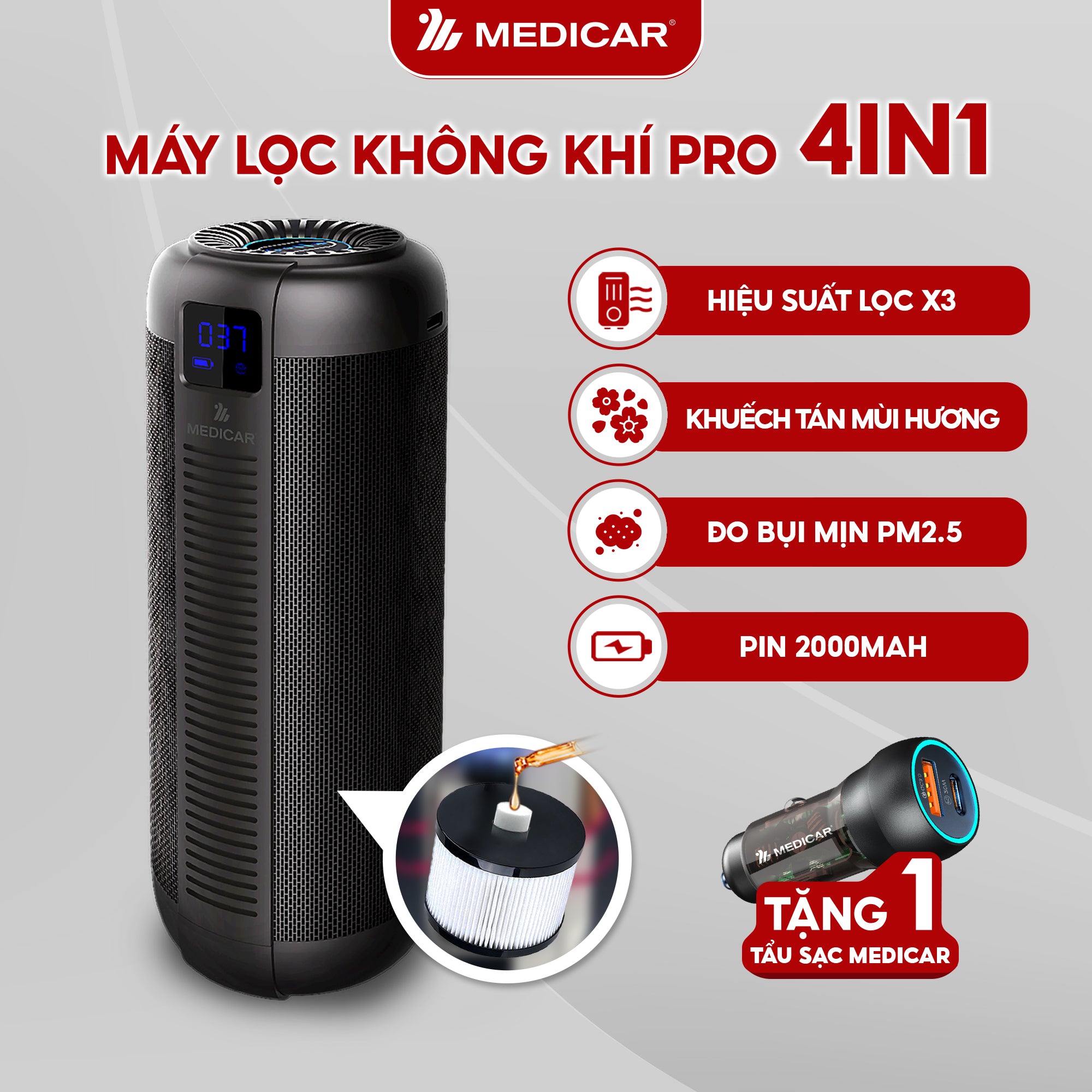 Máy lọc không khí ô tô kết hợp tinh dầu Medicar Pro V2 đa năng 4in1