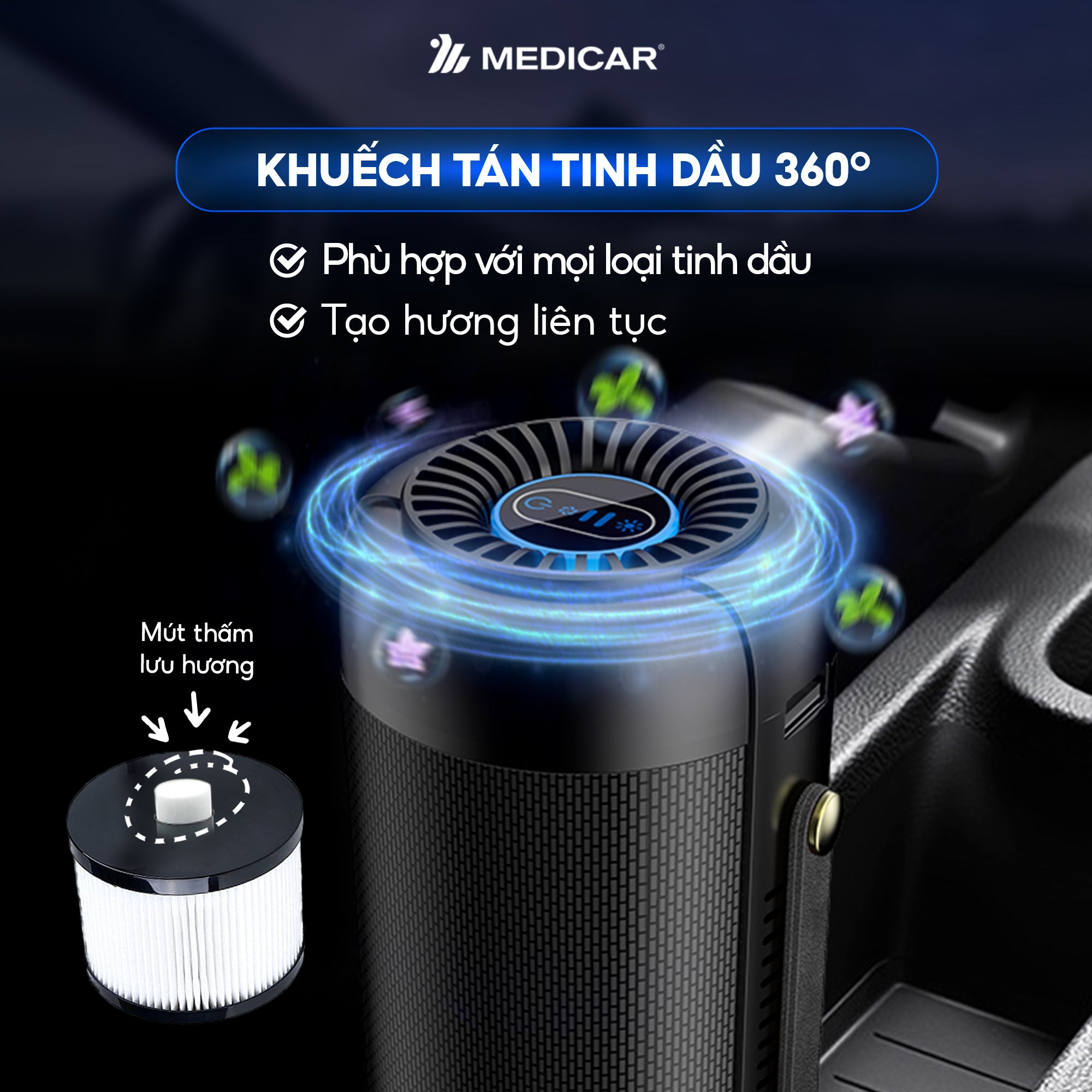 Máy lọc không khí ô tô kết hợp tinh dầu Medicar Pro V2 đa năng 4in1