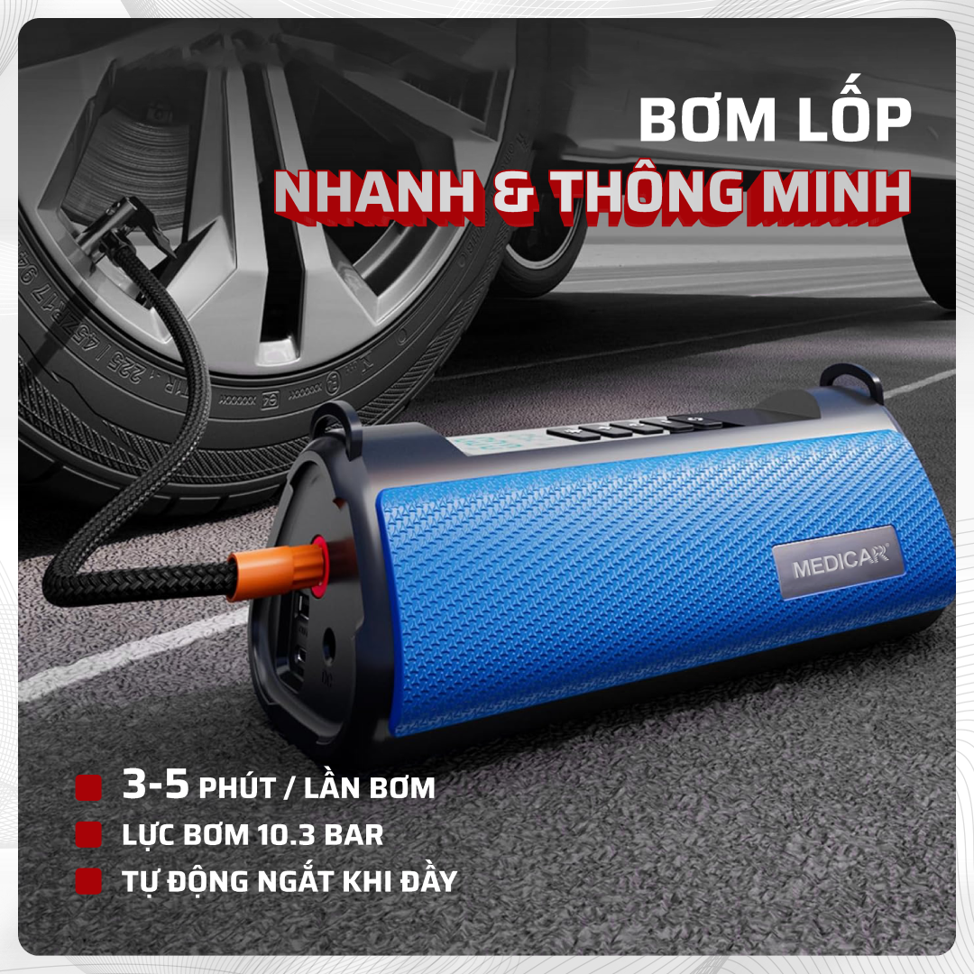 Bơm lốp kích bình ô tô 4 trong 1 Medicar - Tích hợp sạc và đèn pin