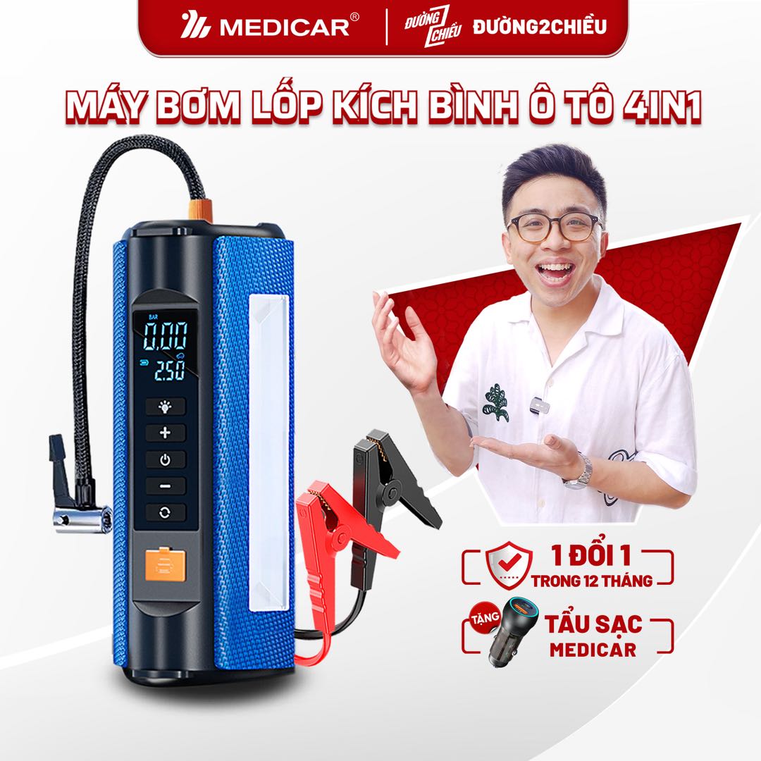 Bơm lốp kích bình ô tô 4 trong 1 Medicar - Tích hợp sạc và đèn pin