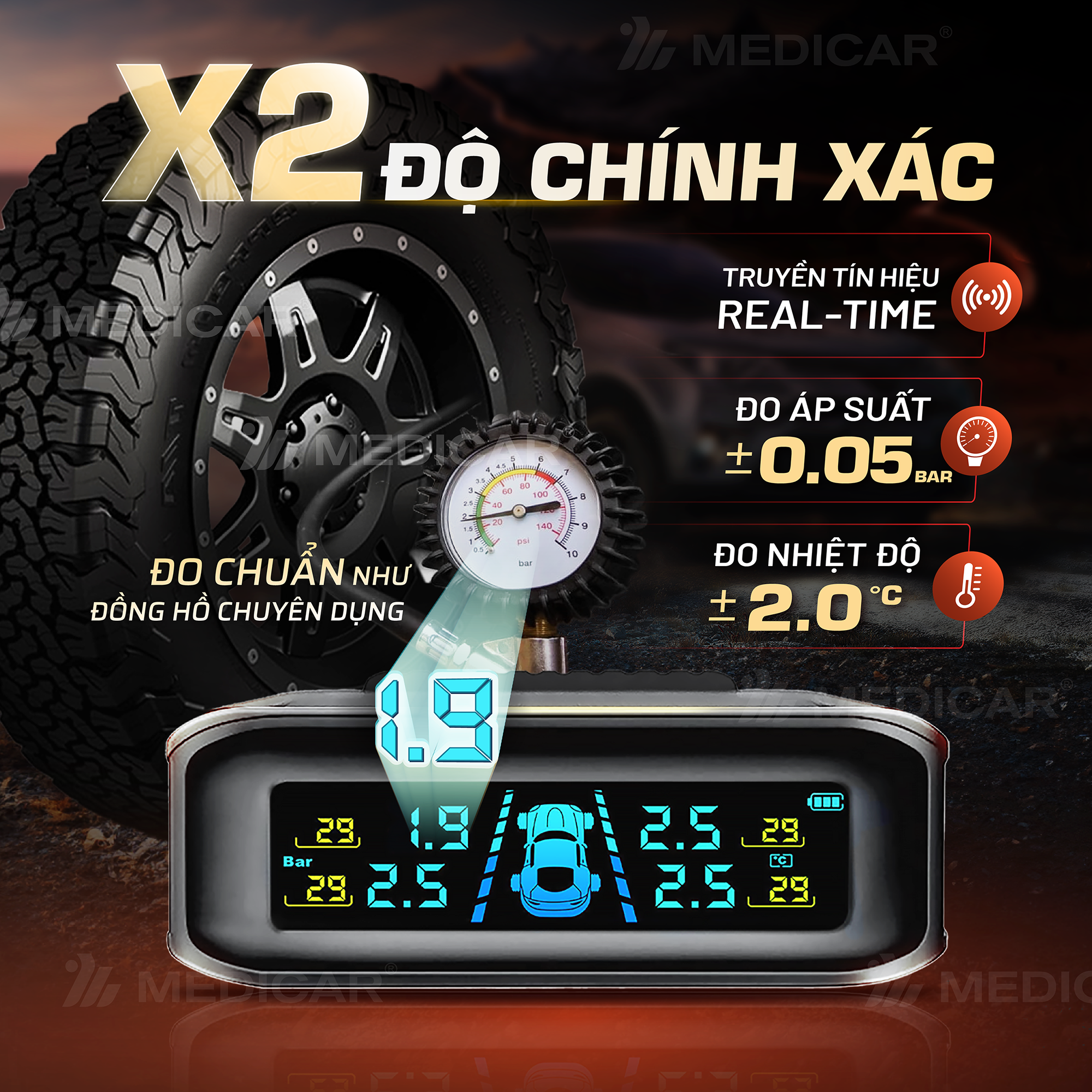 Máy bơm lốp kích bình 4 in 1 + Cảm biến áp suất lốp (Van Ngoài)