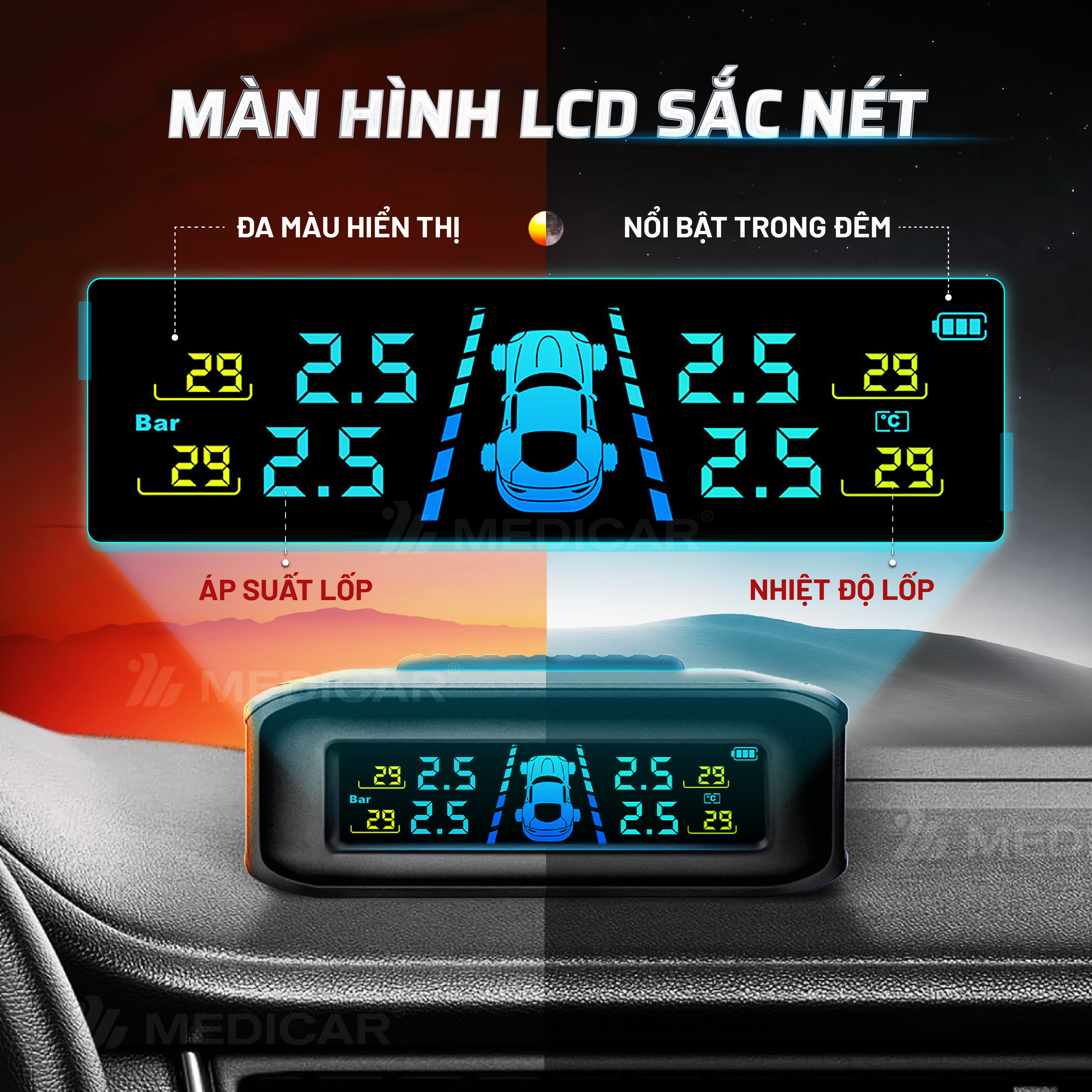 Máy bơm lốp kích bình 4 in 1 + Cảm biến áp suất lốp (Van Ngoài)