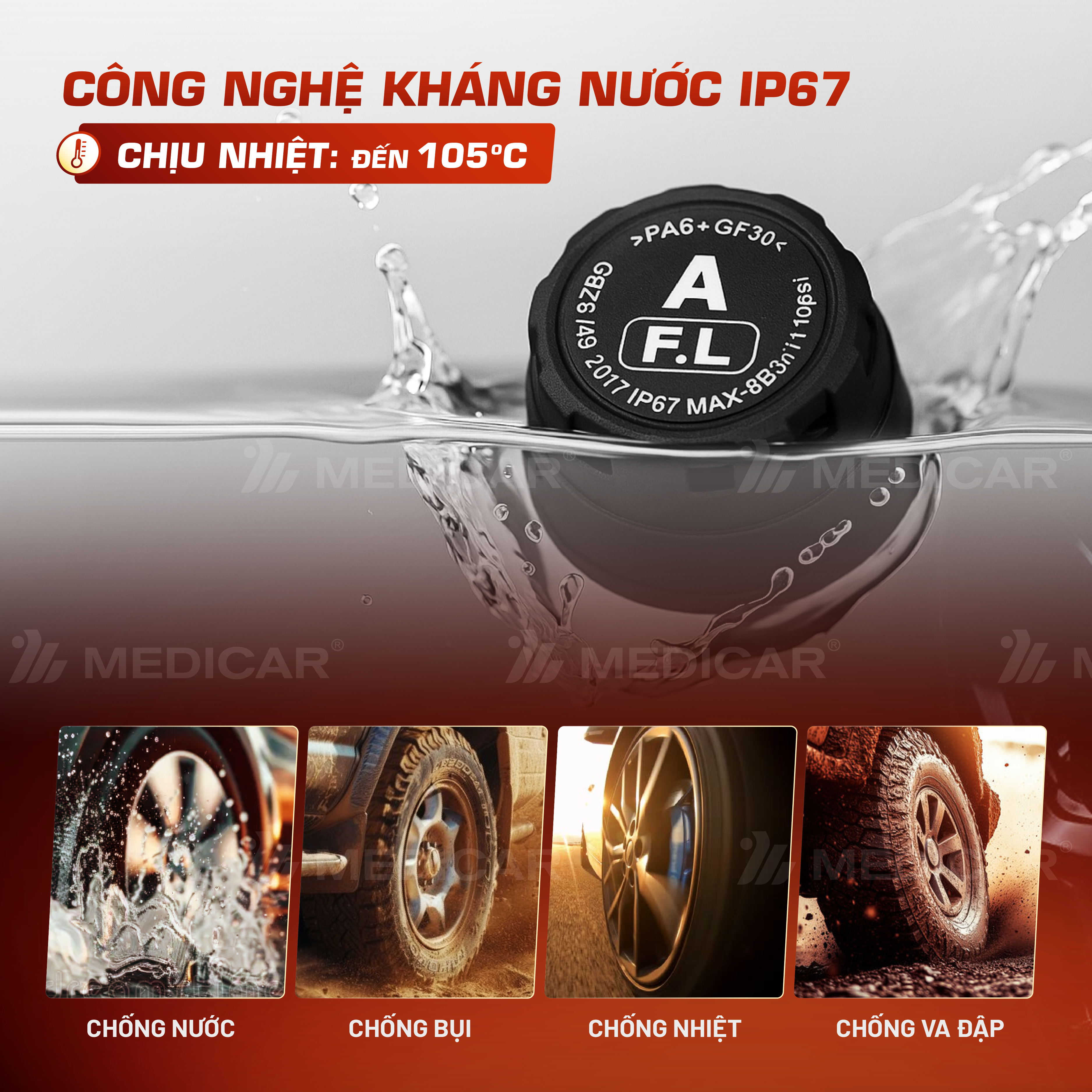 Máy bơm lốp kích bình 4 in 1 + Cảm biến áp suất lốp (Van Ngoài)