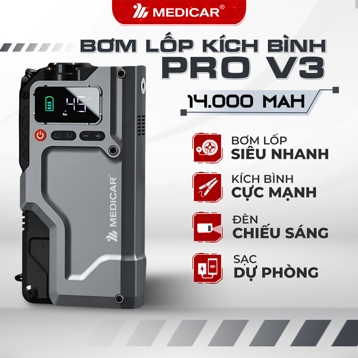 Bơm lốp kích bình PRO V3 14.000mAh Phiên bản 2025