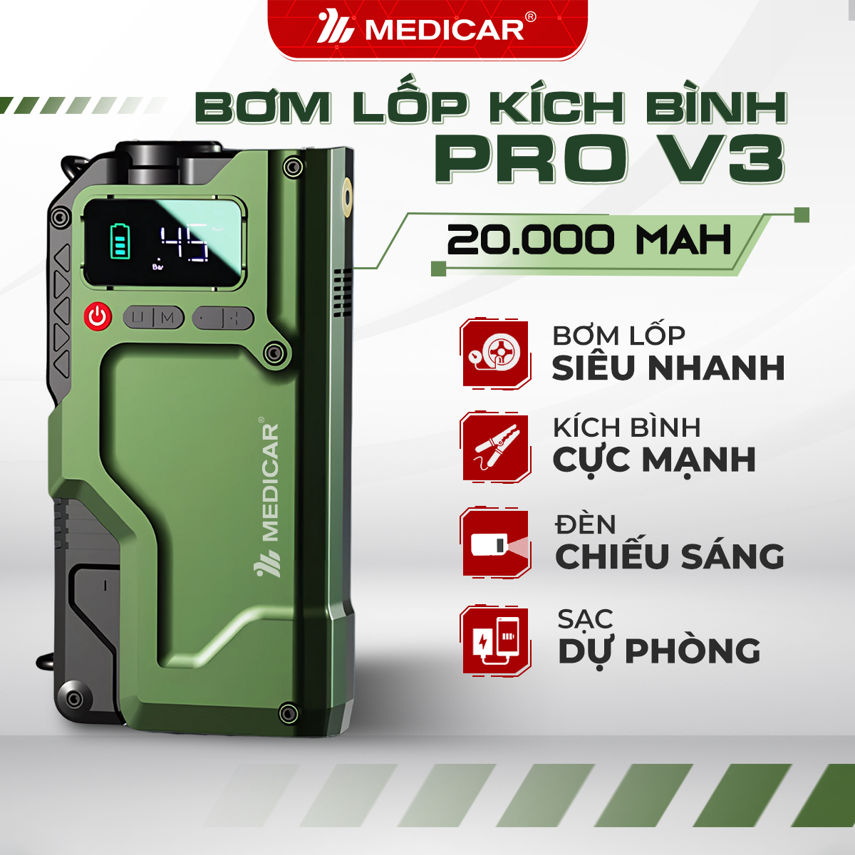 Bơm lốp kích bình PRO V3 20.000mAh Phiên Bản 2025