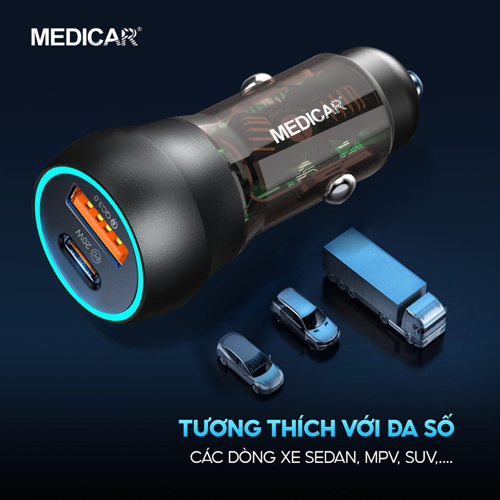 Tẩu sạc siêu nhanh ô tô 38W Medicar QC 3.0, cổng kép USB-A & Type C