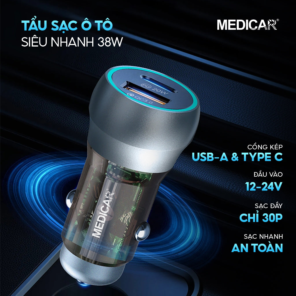 Tẩu sạc siêu nhanh ô tô 38W Medicar QC 3.0, cổng kép USB-A & Type C